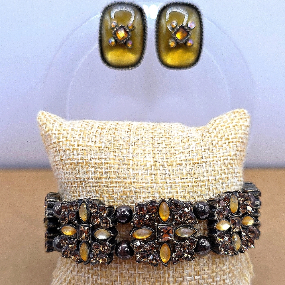 Elegant Vintage Rhinestone Bronzetone Bracelet & Earrings Set